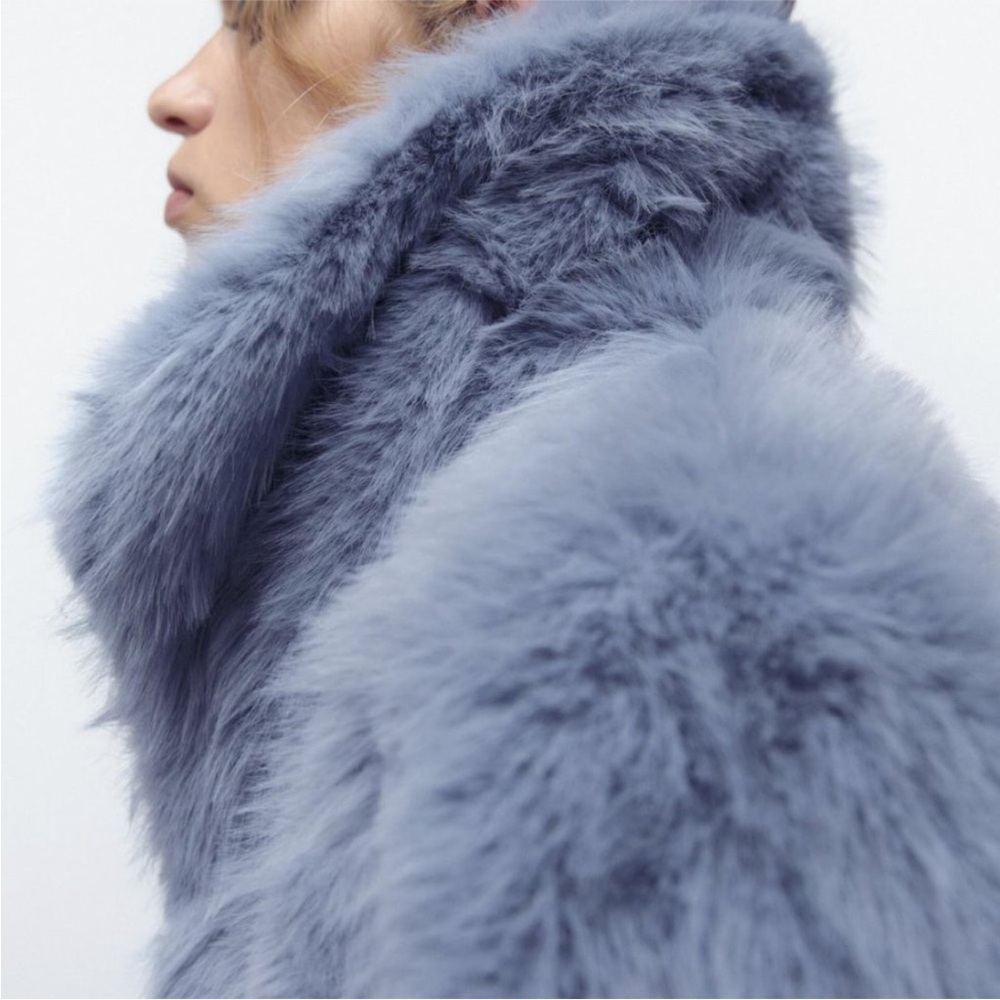 Zara Faux Fur Collared Crop Jacket in Light Blue XS-S - Picture 12 of 12